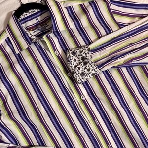 Robert Graham Shirt Colorful Striped Embroidered Flip Cuff Purple Green Mens XL